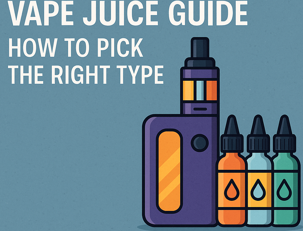 Illustration of a vape device and vape juice bottles with the text "Vape Juice Guide: How to Pick the Right Type" and "Eliquid Depot"