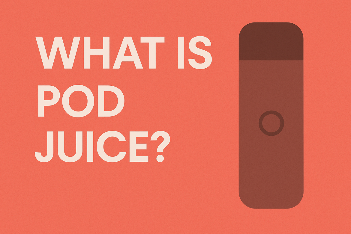 Minimalist graphic titled 'What Is Pod Juice?' with a stylized vape pod illustration on a red-orange background.