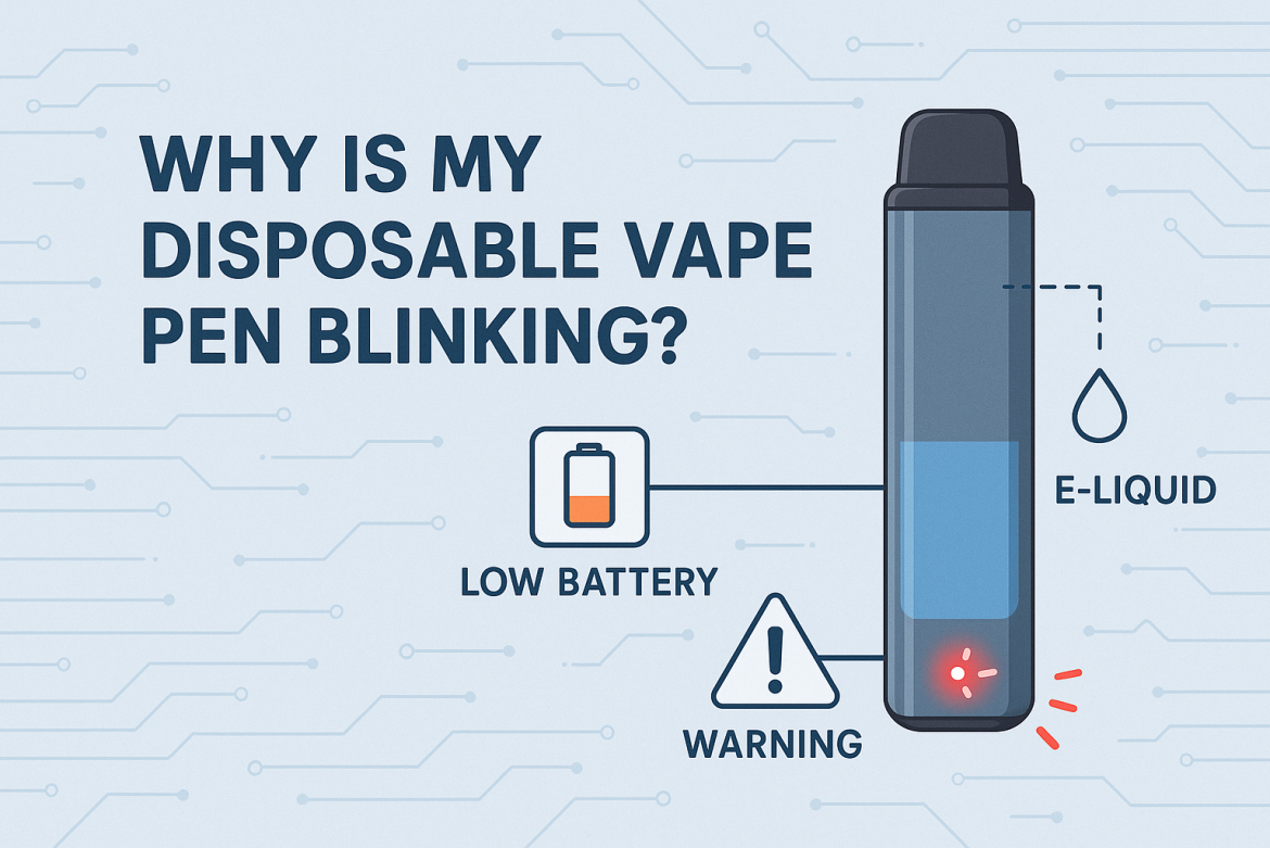 Disposable vape pen blinking LED light with warning symbols and vape device diagram.